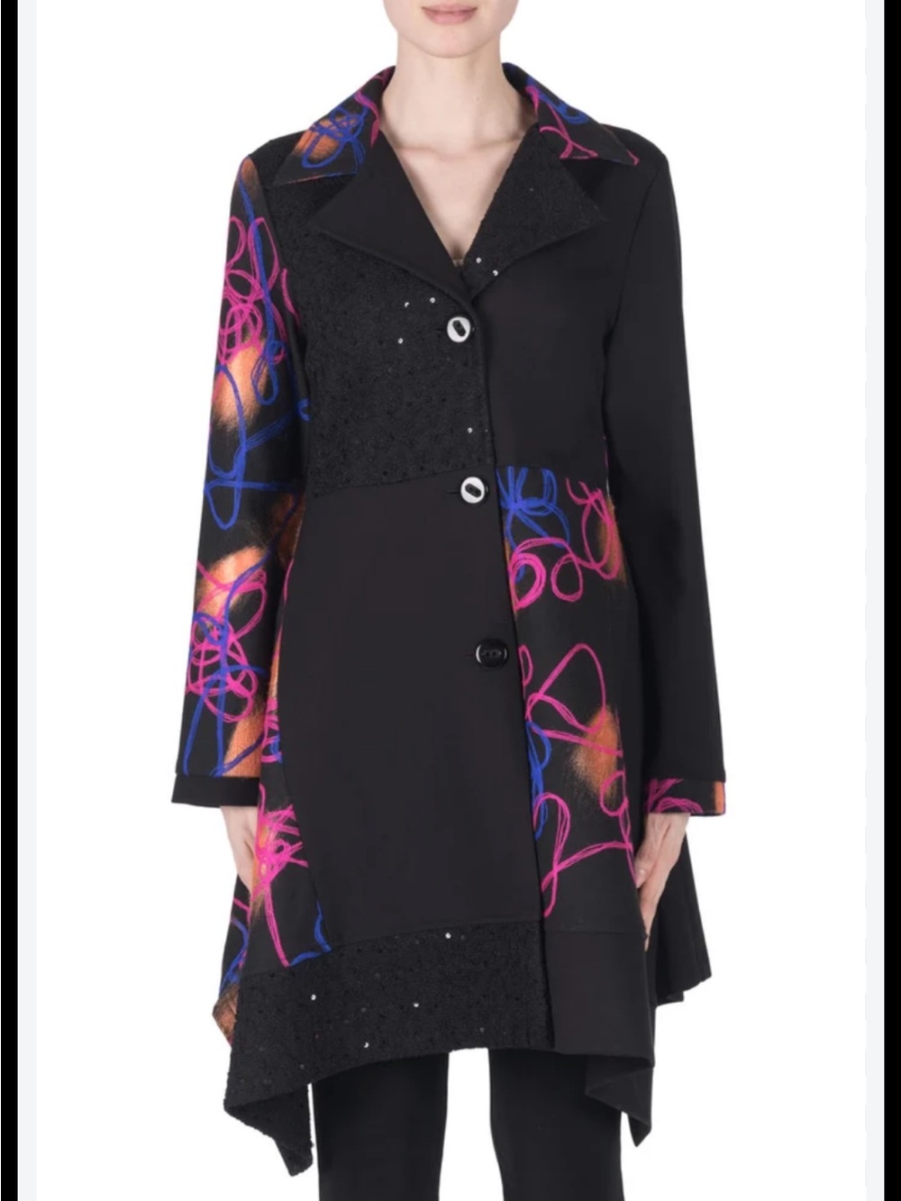 Joseph Ribkoff Sz 10 Jacket Asymmetric Coat Black Pink Orange Abstract Sequin